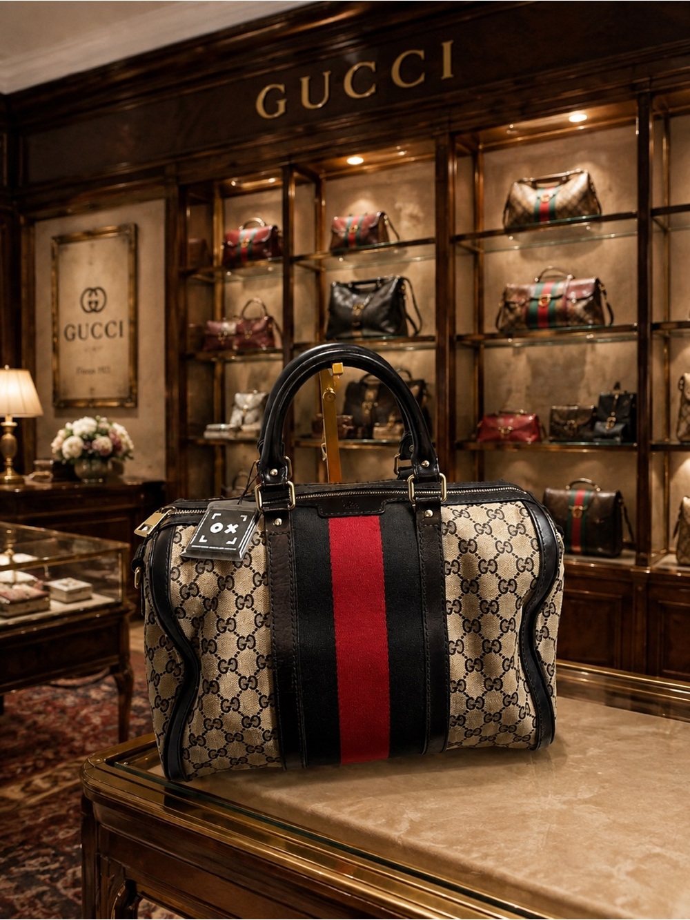 Stunning GUCCI Monogram Selleria Calfskin Vintage Web Medium Boston Beige Blue